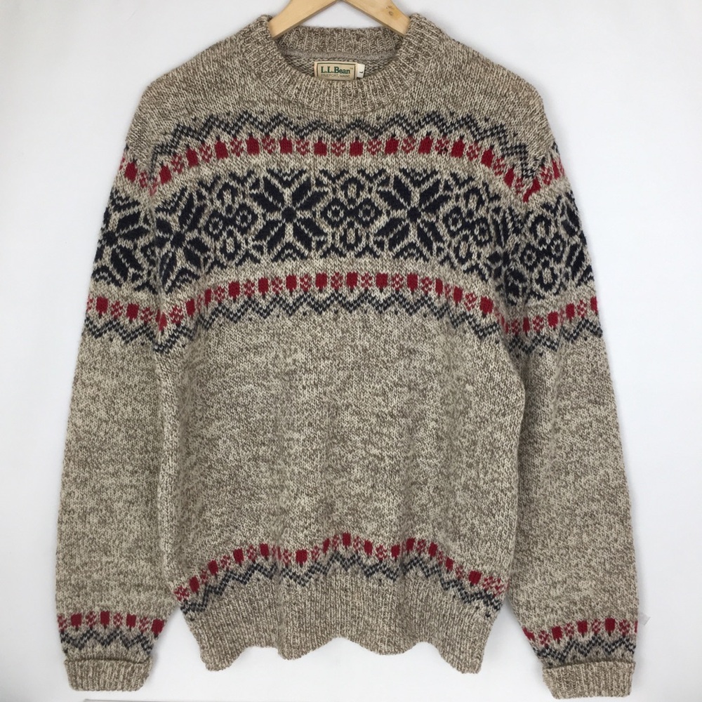 Vintage L.L. Bean Fair Isle Wool Sweater Size L Nordic Snowflake Crewneck USA